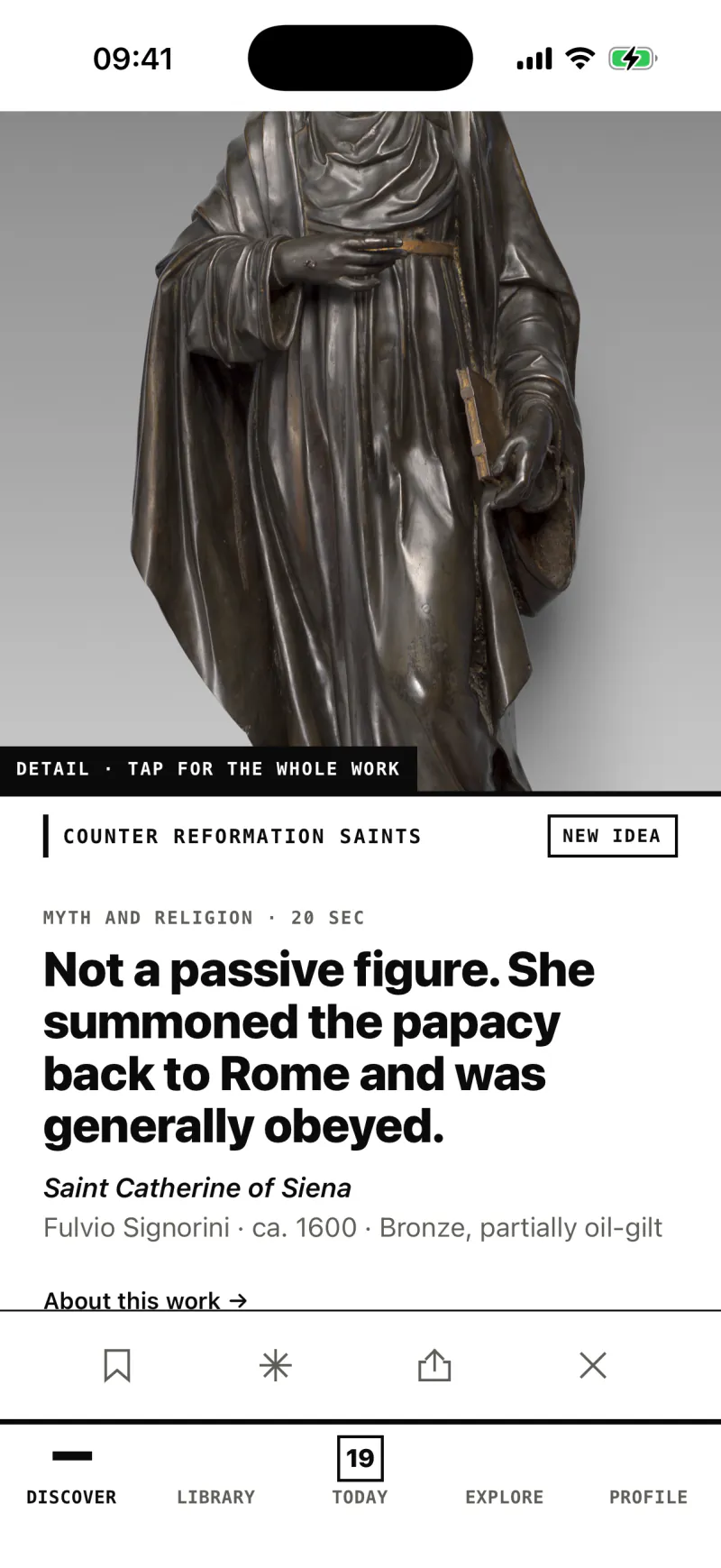 The Discover feed: one work with a line about it and five ways to respond