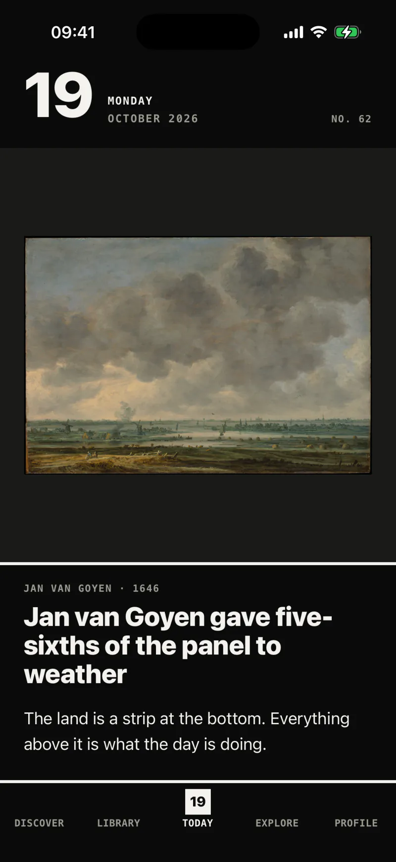 The Today screen in dark mode, with a line about a Dutch panel