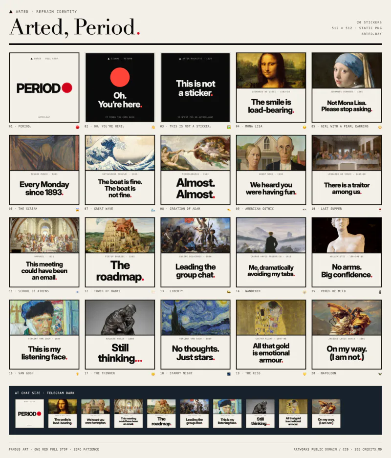 The Arted, Period. Telegram sticker sheet: twenty stickers built from the mark and details of public-domain paintings