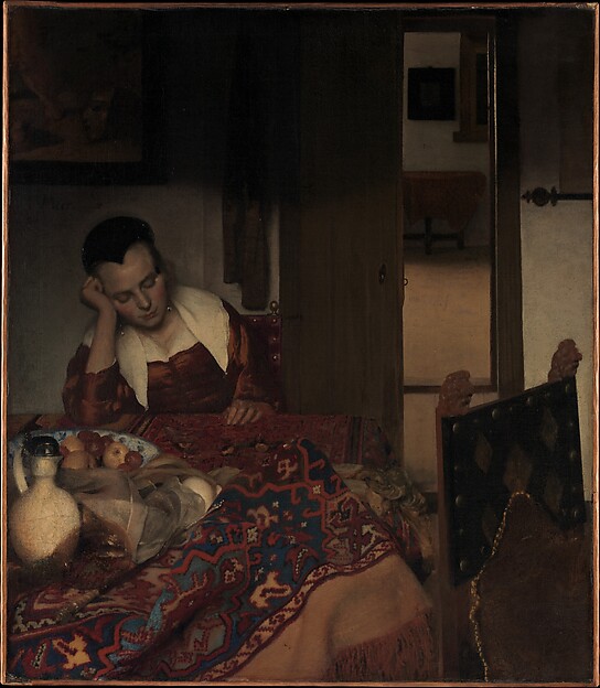 Johannes Vermeer, A Maid Asleep. Light from the left falls across a woman and a patterned tablecloth.